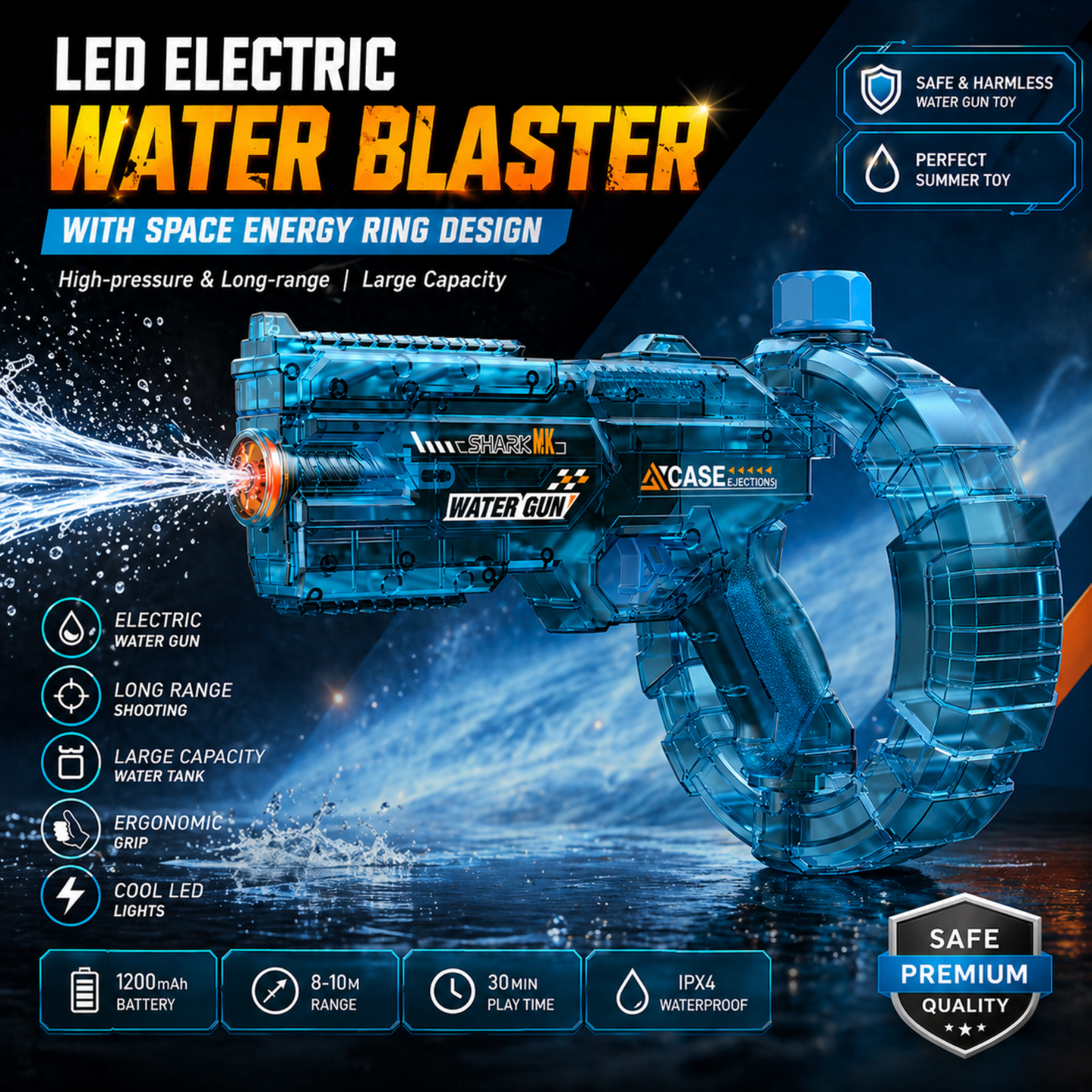 LED Electric Water Blaster - Space Energy Ring Design | High Pressure Long Range